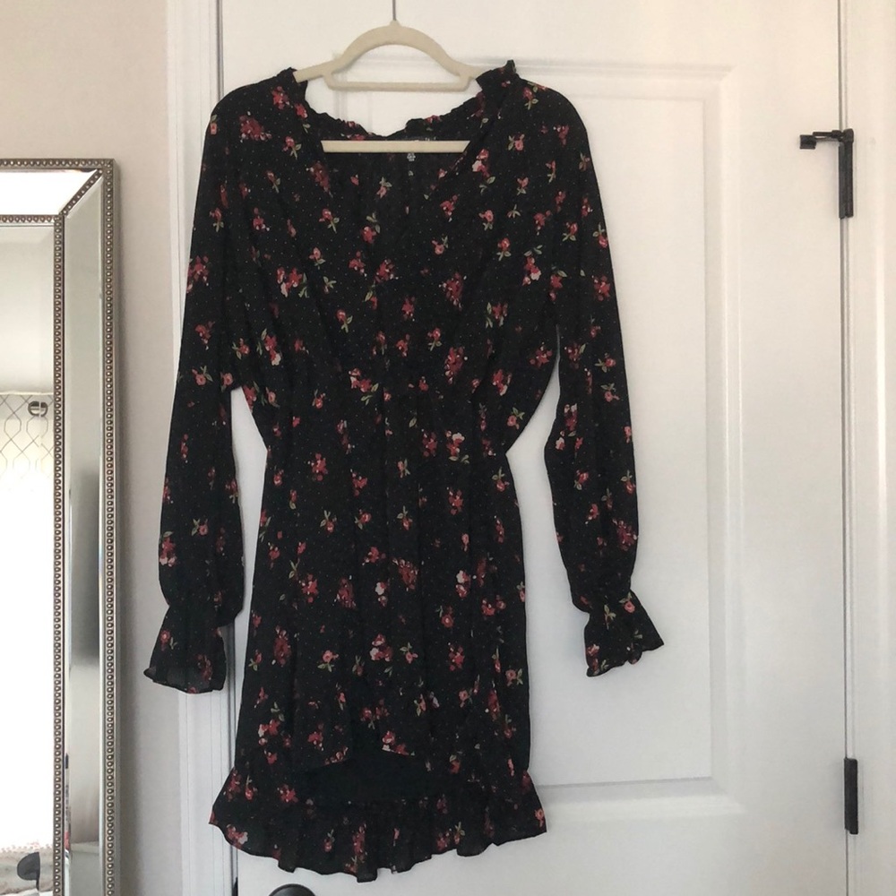 Dress in black w/ small white dots & floral design